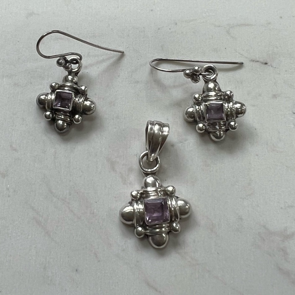 Vintage Sterling Silver Amethyst Pendant & Earring set
